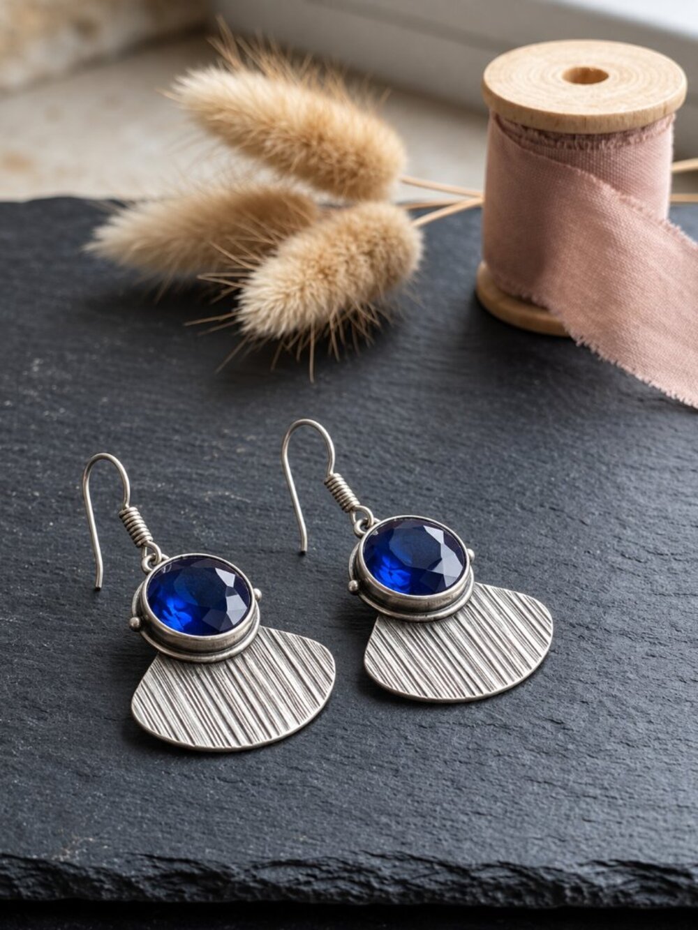Silver Drop Earrings Blue Crystal 925 Sterling Textured Fan Artisan Boho 1.8" - Picture 6 of 17